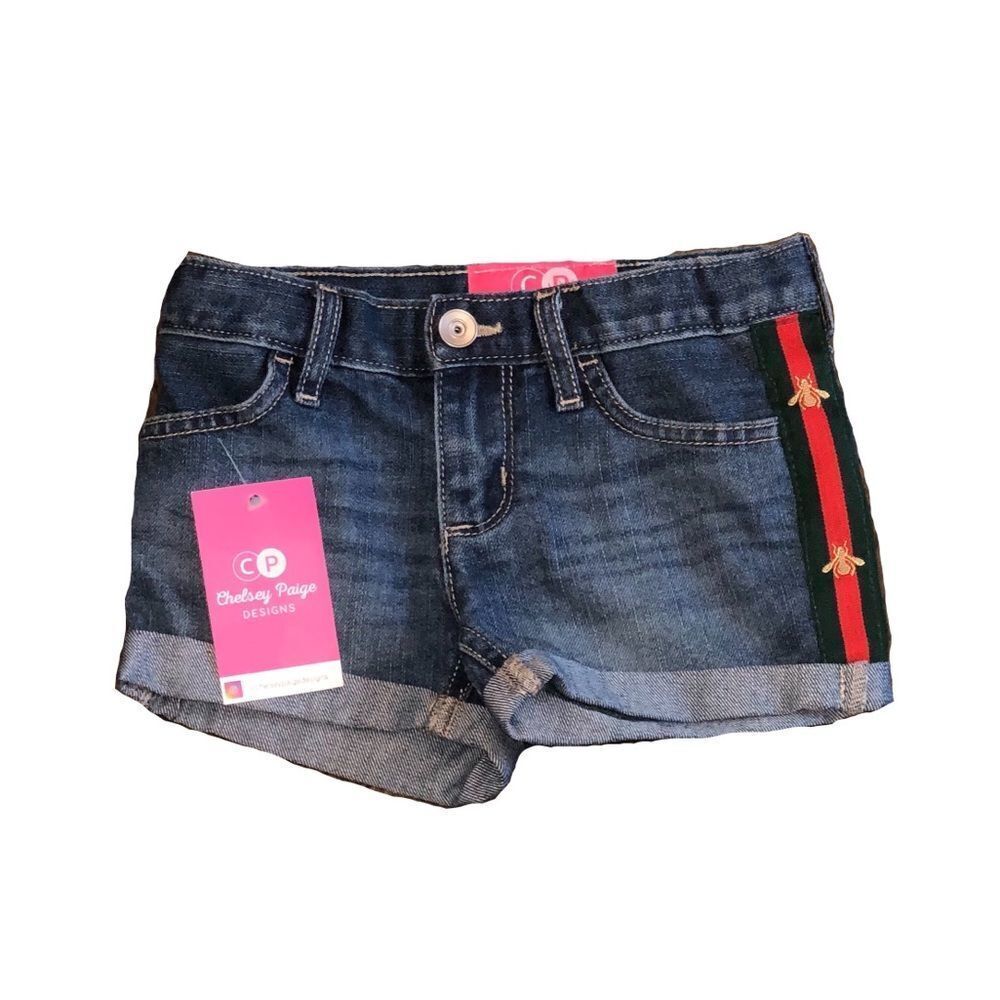 Kid’s Roll Cuff Denim Shorts W/ Bee Stripe Ribbon - Picture 3 of 10